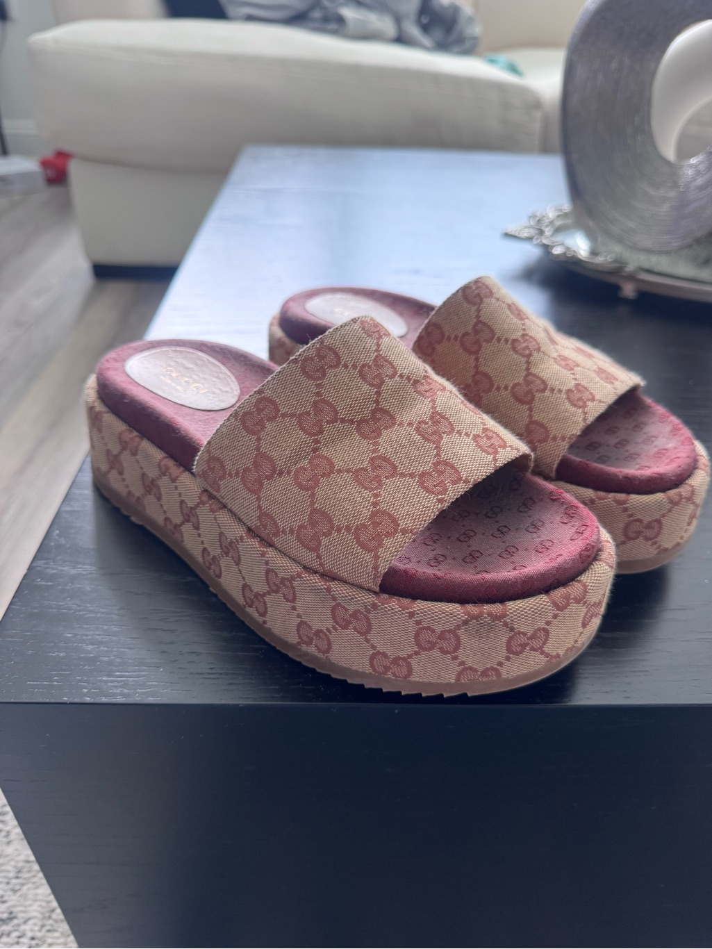 Gucci Beige Monogram Platform Slide Sandals With Burgundy Footbed